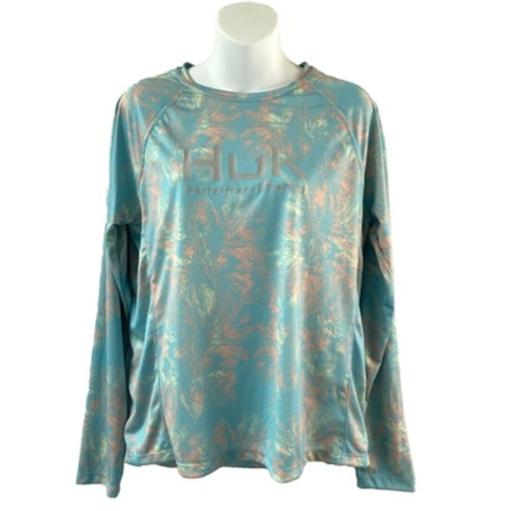 HUK Pursuit All Over Print Performance Fishing Shirt Women M Marine Blue NWOT